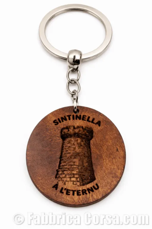 Porte-clé corse Sintinella a l’eternu en bois teinté gravé d’une tour génoise porte-cle-corse-sintinella-a-l-eternu.webp