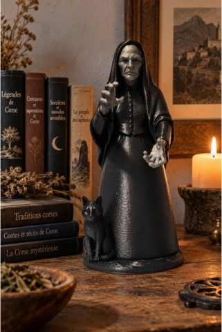 A Strega, figurine corse 3D en PLA, mise en situation figurine-corse-a-strega-dans-une-bibliotheque