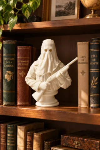 Figurine Ribellu corse, buste historique blanc de 15 cm en impression 3D, présenté dans une bibliothèque, fabrication Fabbrica Corsa à Corte. figurine-ribellu-corse-buste-3d-bibliotheque.webp