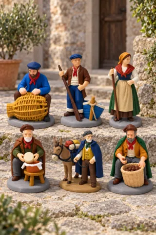 Mise en scène de six santons corses 3D Fabbrica Corsa : pêcheur à la nasse, batelier, bergère, fromager, tragulinu avec son âne et vendeur de châtaignes. nouveaux-santons-corses-3d-fabbrica-corsa.webp