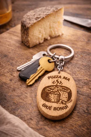 Porte-clé corse en bois « Puzza ma ghjè bonu » présenté avec un trousseau de clés porte-cle-corse-bois-puzza-ma-ghje-bonu-avec-cles.webp