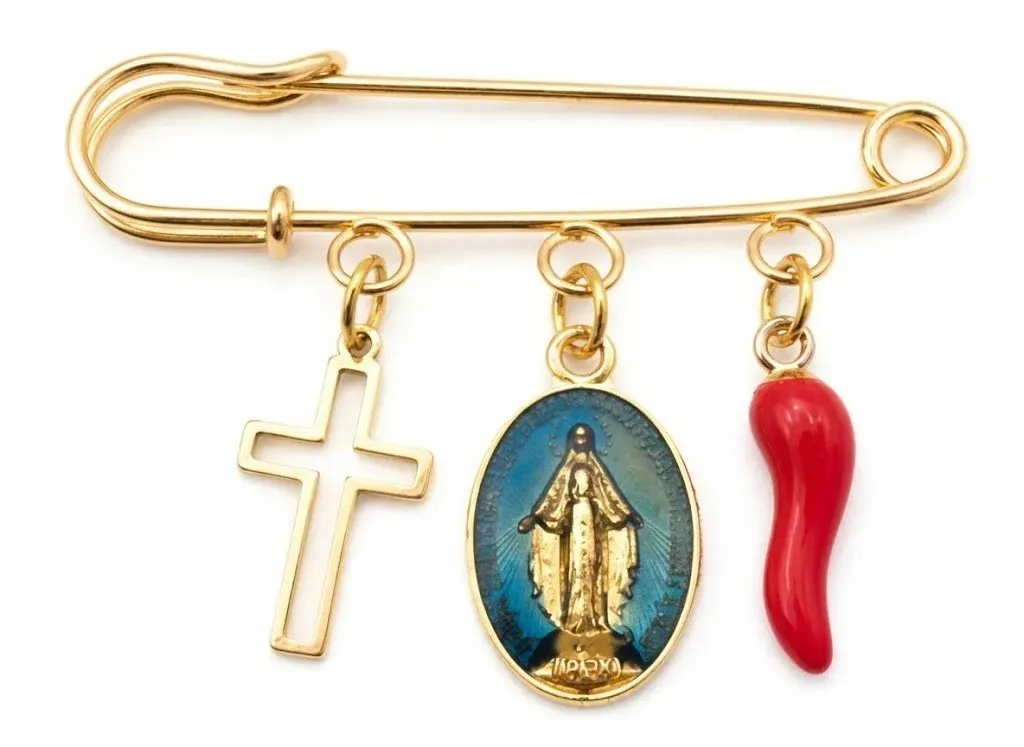 Broche corse E Breve – Vierge bleue, piment rouge et croix dorée