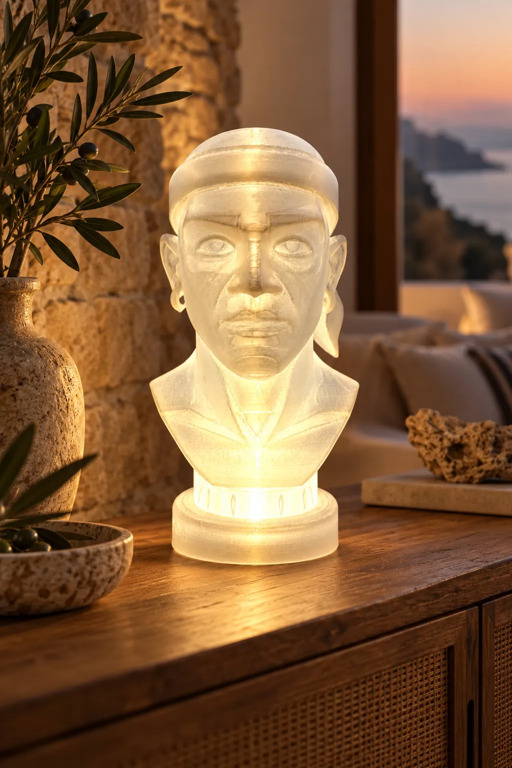 Lampe d’ambiance corse Testa Mora en situation dans un intérieur, fabriquée à Corte