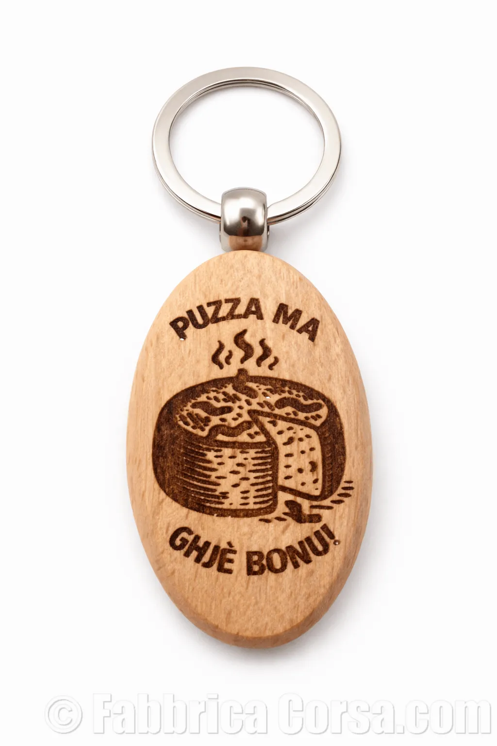 Porte-clé corse en bois « Puzza ma ghjè bonu »
